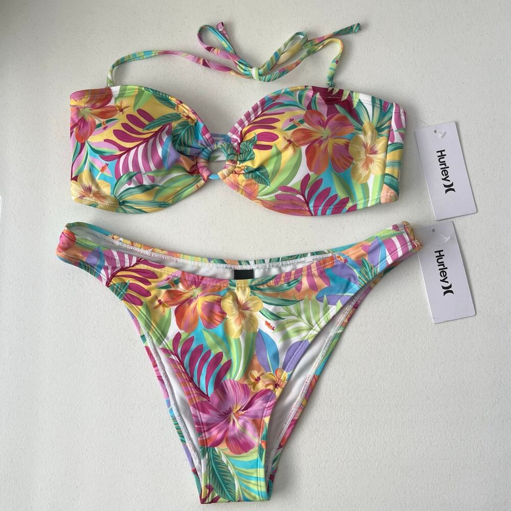 Hurley 2-Piece Bikini Set Women's Large Colorful Tropical Hawaiian Swimwear NEW